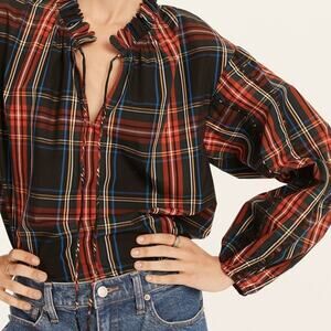 J. Crew Scalloped tie-neck top in Stewart Tartan